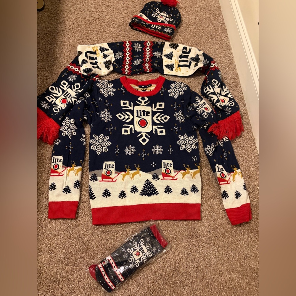 Ugly Christmas Sweater Miller Coors Beer. Men's Sweater SET - Blue and Red